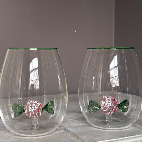 Set of Two Green and Red Candy Stemless Wine Glasses - Picture 2 of 5